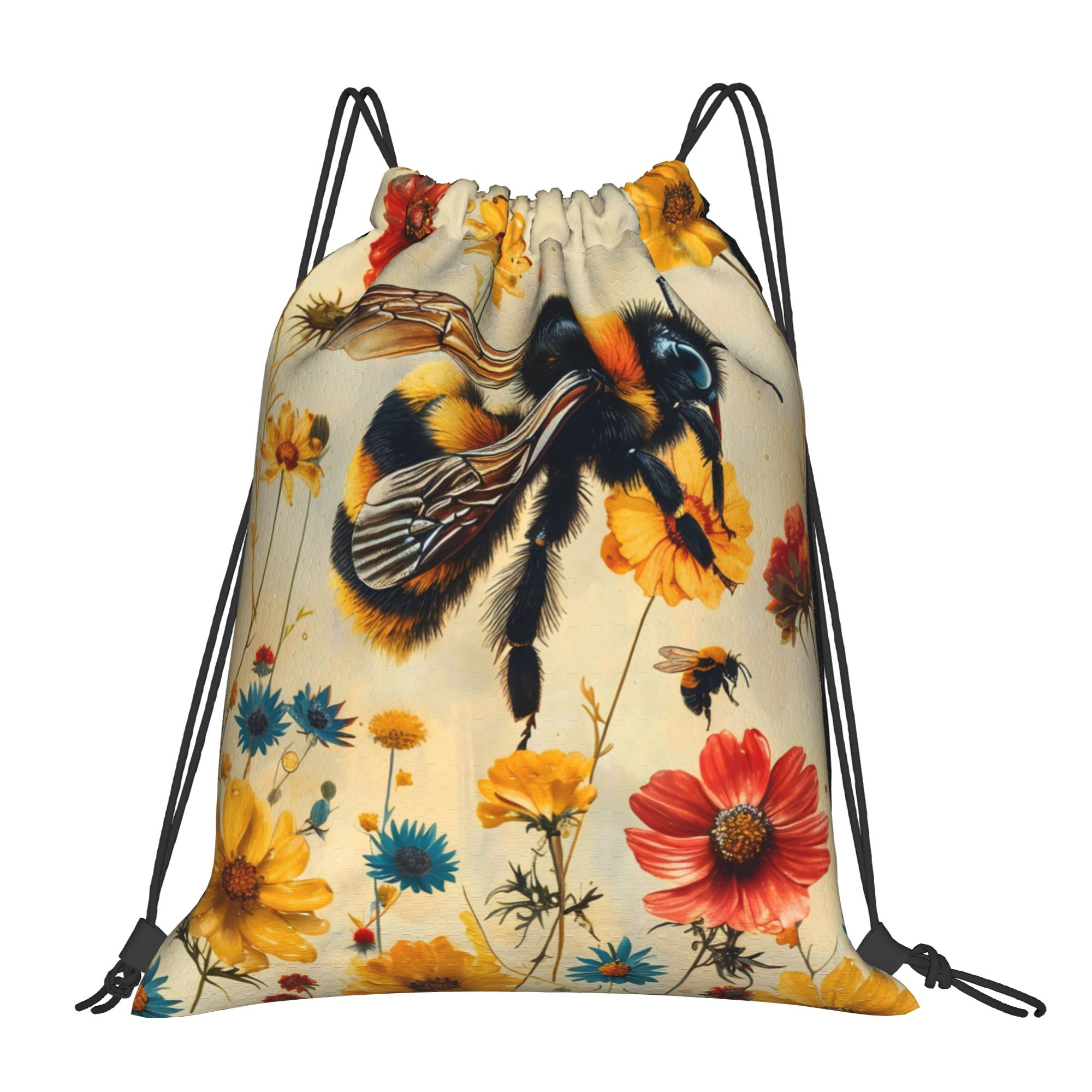 Drawstring Gym Bag - Özel Bumblebee Canlı Kır Çiçeği Sanat